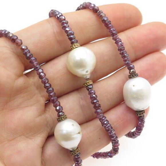 925 Sterling Silver Real Baroque Pearl & Amethyst Long Bead...